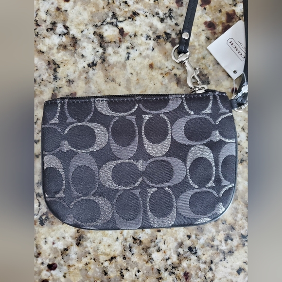 COACH Black & Metallic Silver "C" Corner Zip Wristlet - Picture 3 of 5